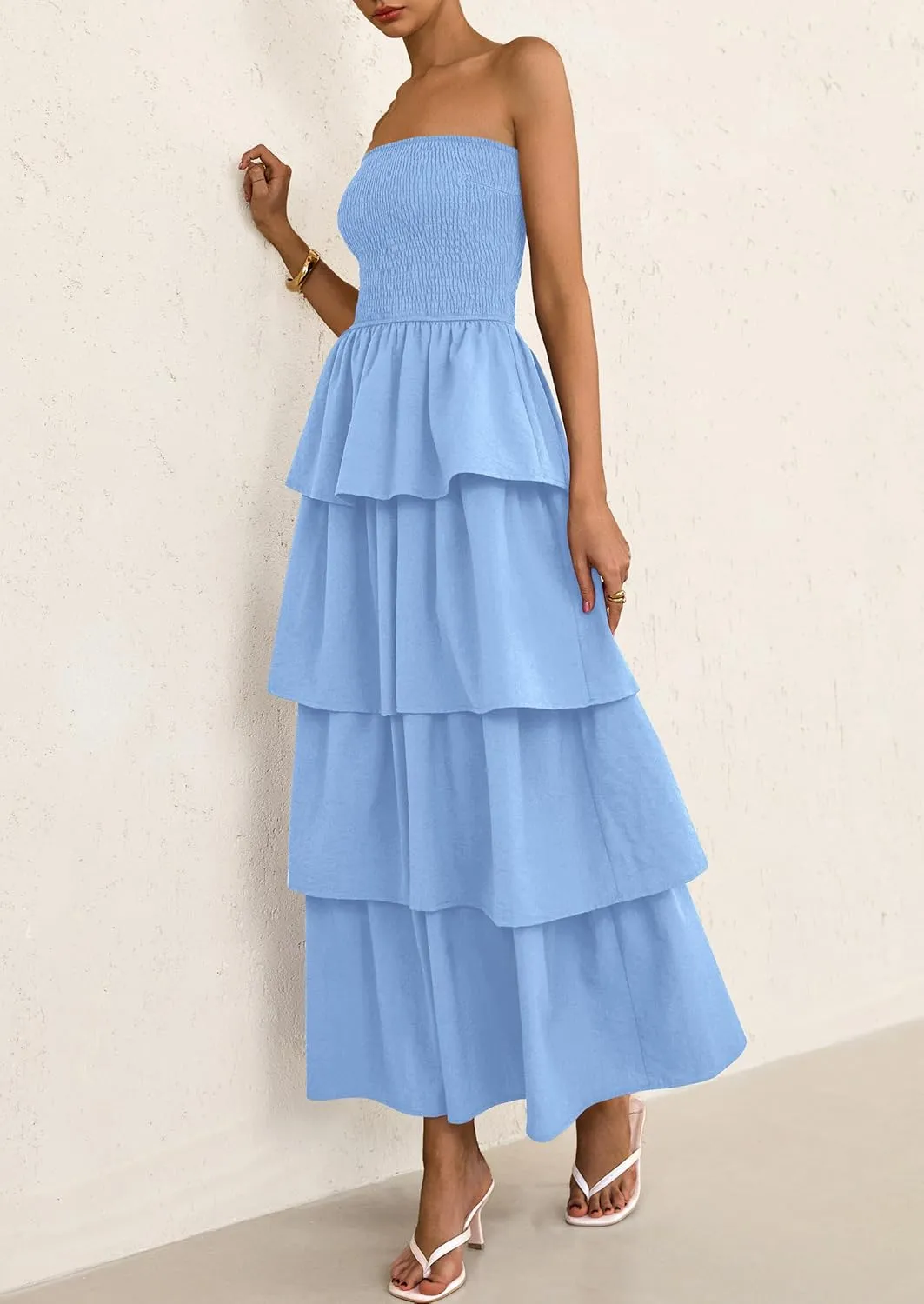 PRETTYGARDEN Maxi Dresses for Women 2025 Summer Off Shoulder Smocked Tiered Ruffle Long Flowy Wedding Guest Dress