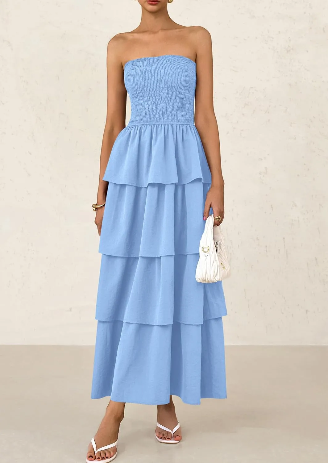 PRETTYGARDEN Maxi Dresses for Women 2025 Summer Off Shoulder Smocked Tiered Ruffle Long Flowy Wedding Guest Dress