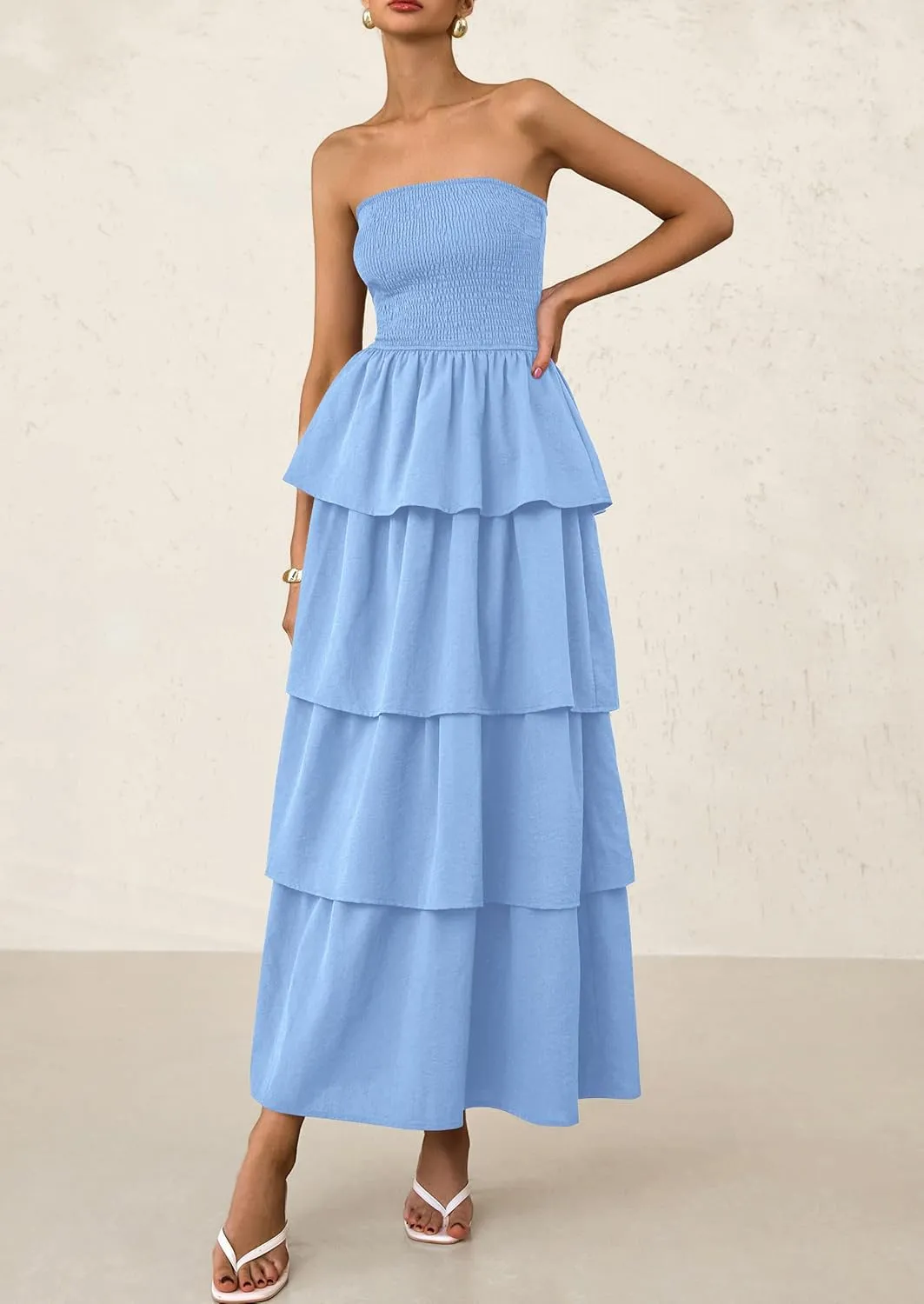 PRETTYGARDEN Maxi Dresses for Women 2025 Summer Off Shoulder Smocked Tiered Ruffle Long Flowy Wedding Guest Dress