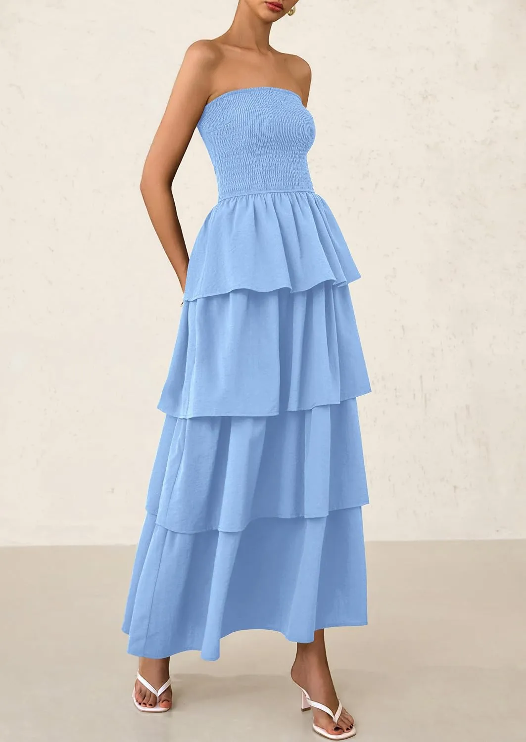 PRETTYGARDEN Maxi Dresses for Women 2025 Summer Off Shoulder Smocked Tiered Ruffle Long Flowy Wedding Guest Dress