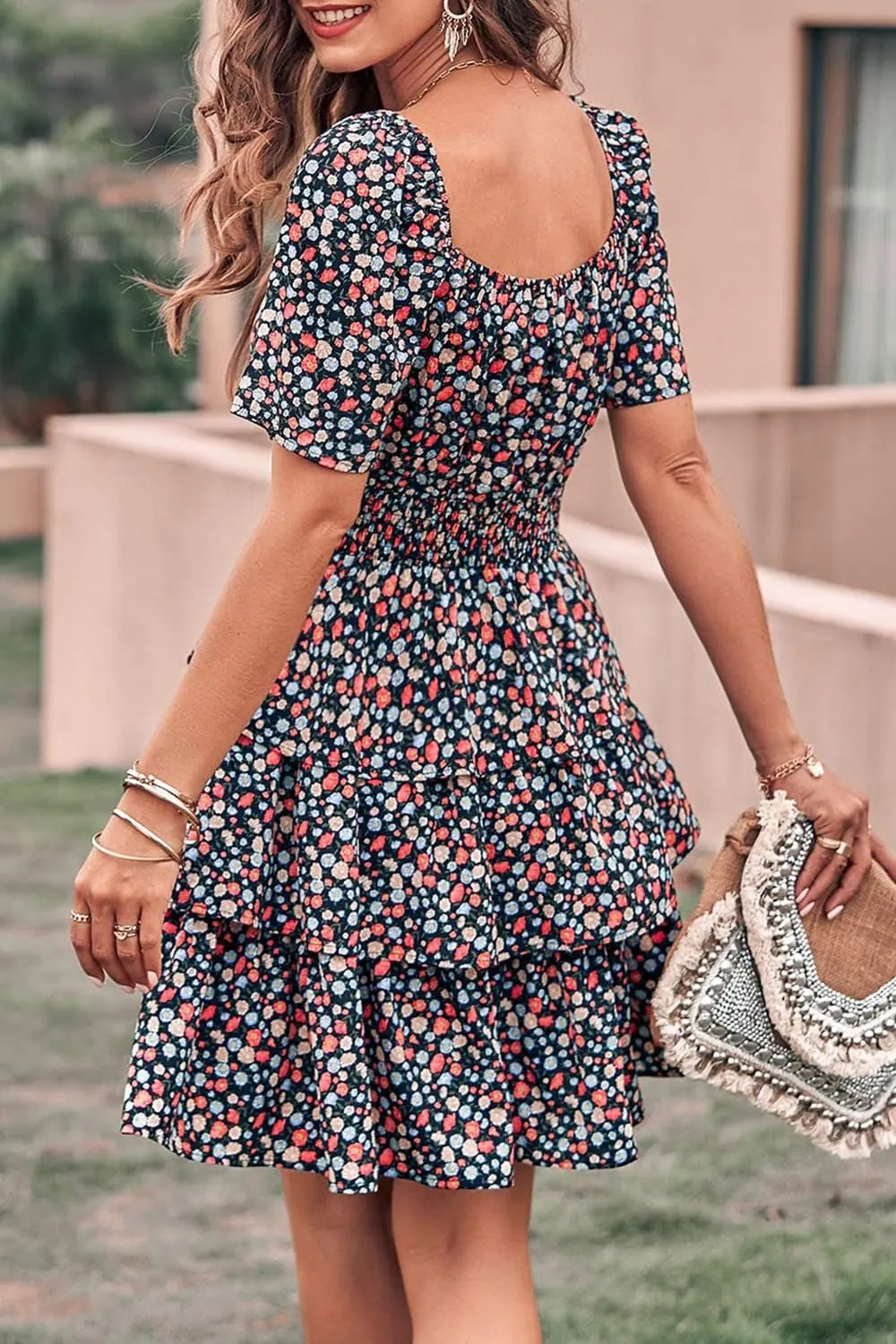 PRETTYGARDEN Women's 2025 Floral Summer Short Dress Square Neck Short Sleeve Tiered Ruffle Boho Swing Dresses
