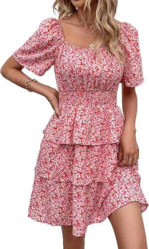 PRETTYGARDEN Women's 2025 Floral Summer Short Dress Square Neck Short Sleeve Tiered Ruffle Boho Swing Dresses