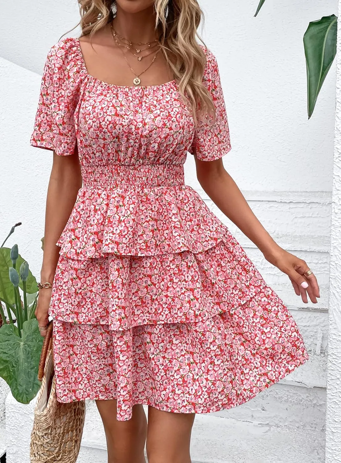 PRETTYGARDEN Women's 2025 Floral Summer Short Dress Square Neck Short Sleeve Tiered Ruffle Boho Swing Dresses