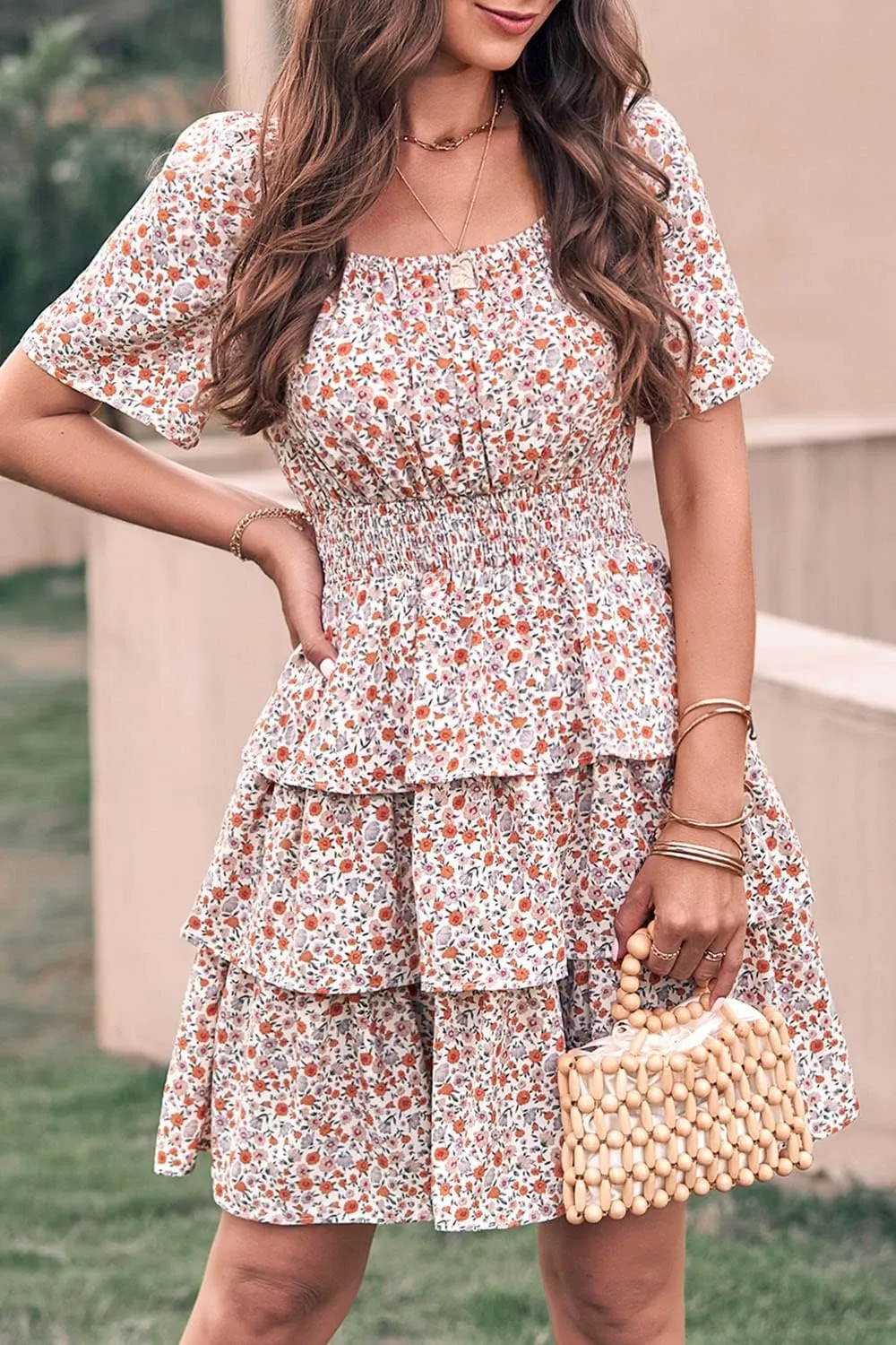 PRETTYGARDEN Women's 2025 Floral Summer Short Dress Square Neck Short Sleeve Tiered Ruffle Boho Swing Dresses
