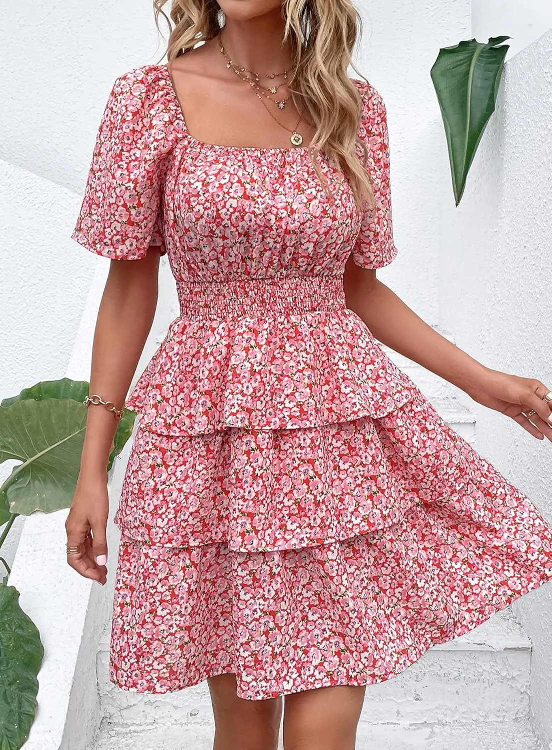 PRETTYGARDEN Women's 2025 Floral Summer Short Dress Square Neck Short Sleeve Tiered Ruffle Boho Swing Dresses