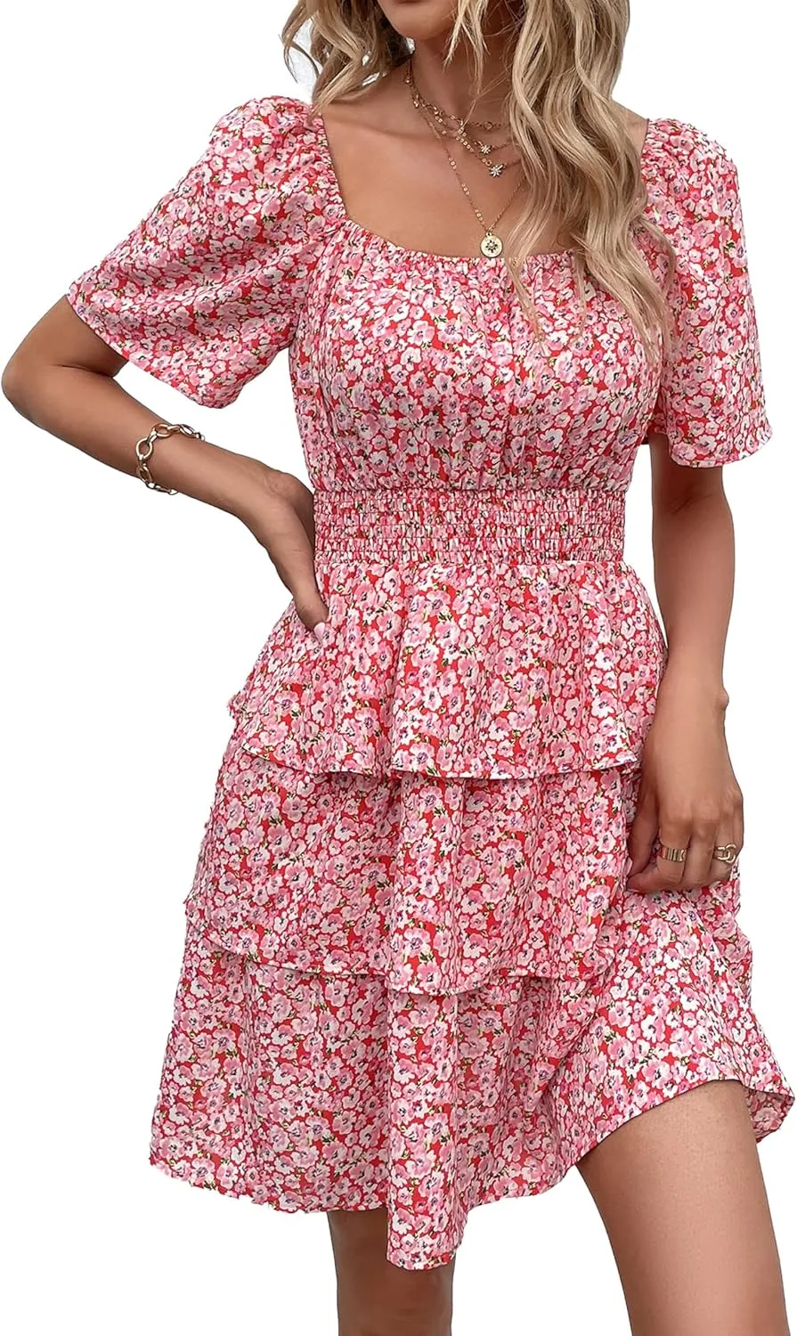 PRETTYGARDEN Women's 2025 Floral Summer Short Dress Square Neck Short Sleeve Tiered Ruffle Boho Swing Dresses