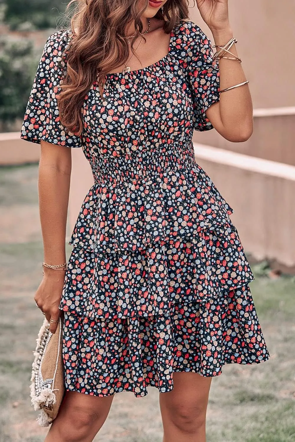 PRETTYGARDEN Women's 2025 Floral Summer Short Dress Square Neck Short Sleeve Tiered Ruffle Boho Swing Dresses
