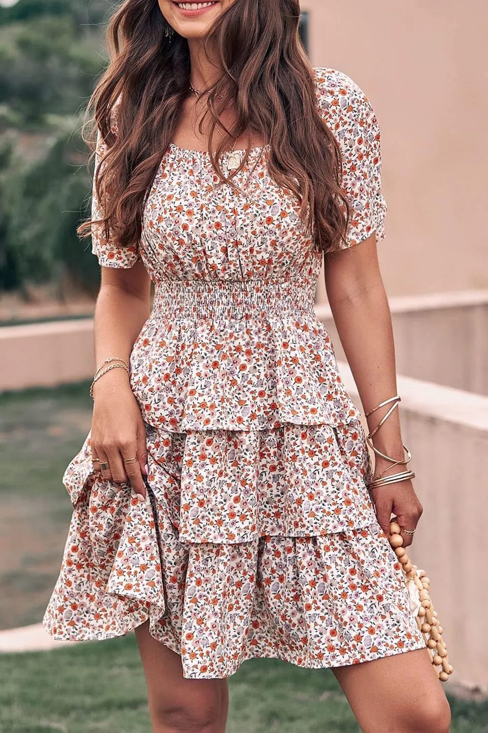 PRETTYGARDEN Women's 2025 Floral Summer Short Dress Square Neck Short Sleeve Tiered Ruffle Boho Swing Dresses