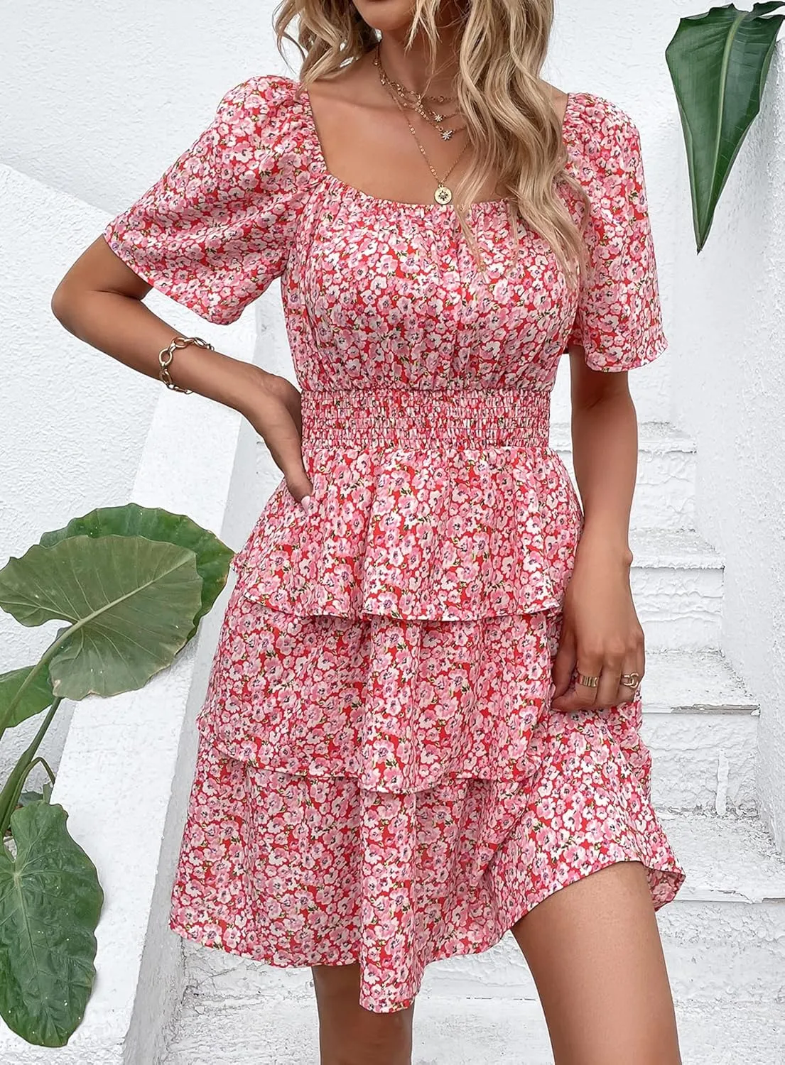 PRETTYGARDEN Women's 2025 Floral Summer Short Dress Square Neck Short Sleeve Tiered Ruffle Boho Swing Dresses