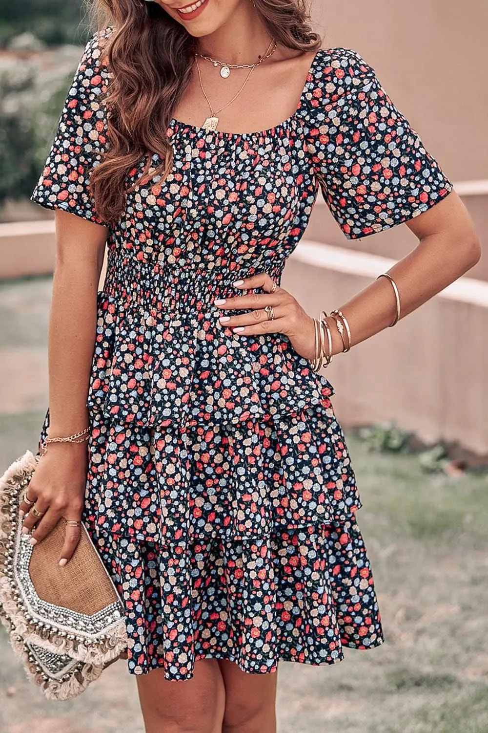 PRETTYGARDEN Women's 2025 Floral Summer Short Dress Square Neck Short Sleeve Tiered Ruffle Boho Swing Dresses