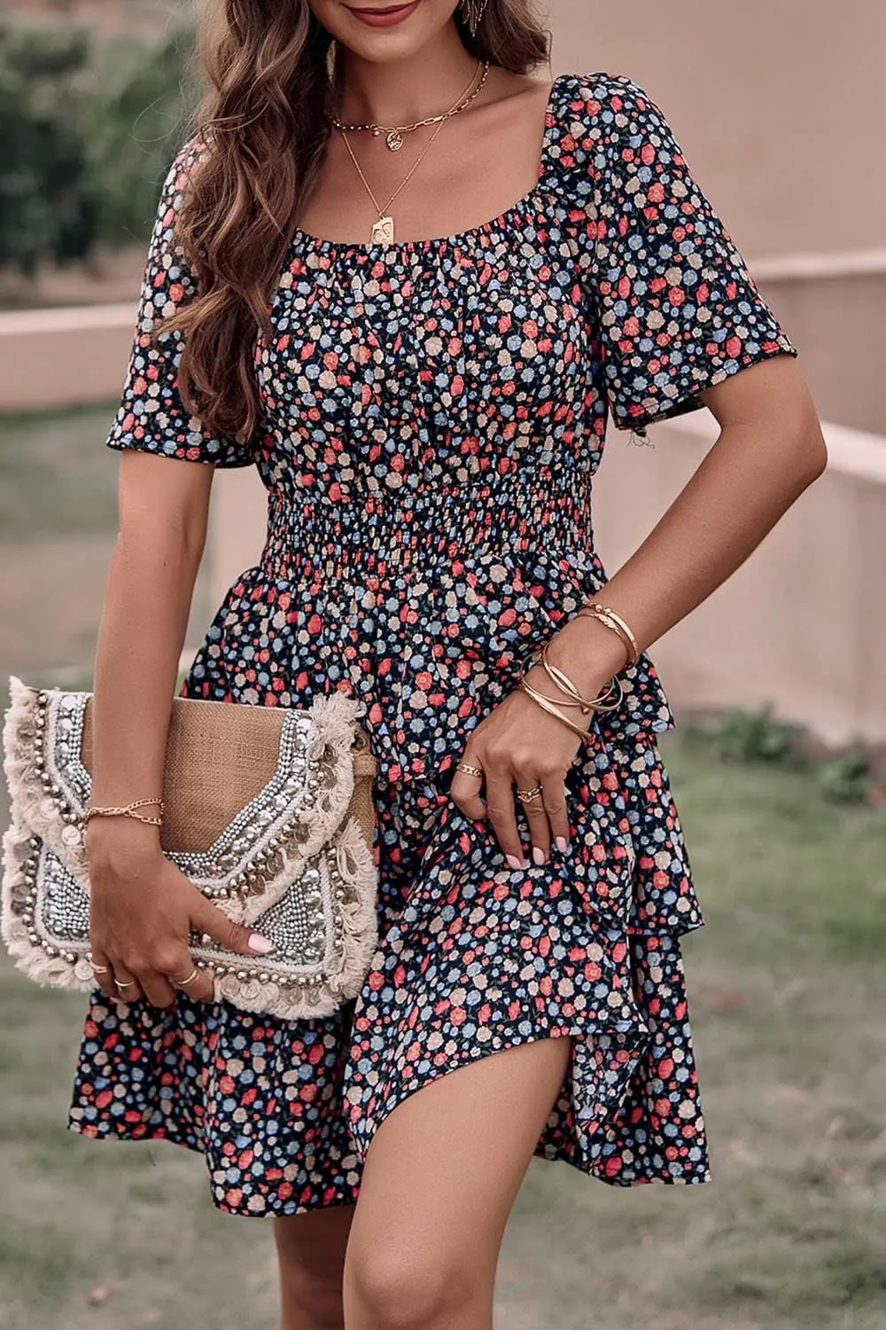 PRETTYGARDEN Women's 2025 Floral Summer Short Dress Square Neck Short Sleeve Tiered Ruffle Boho Swing Dresses
