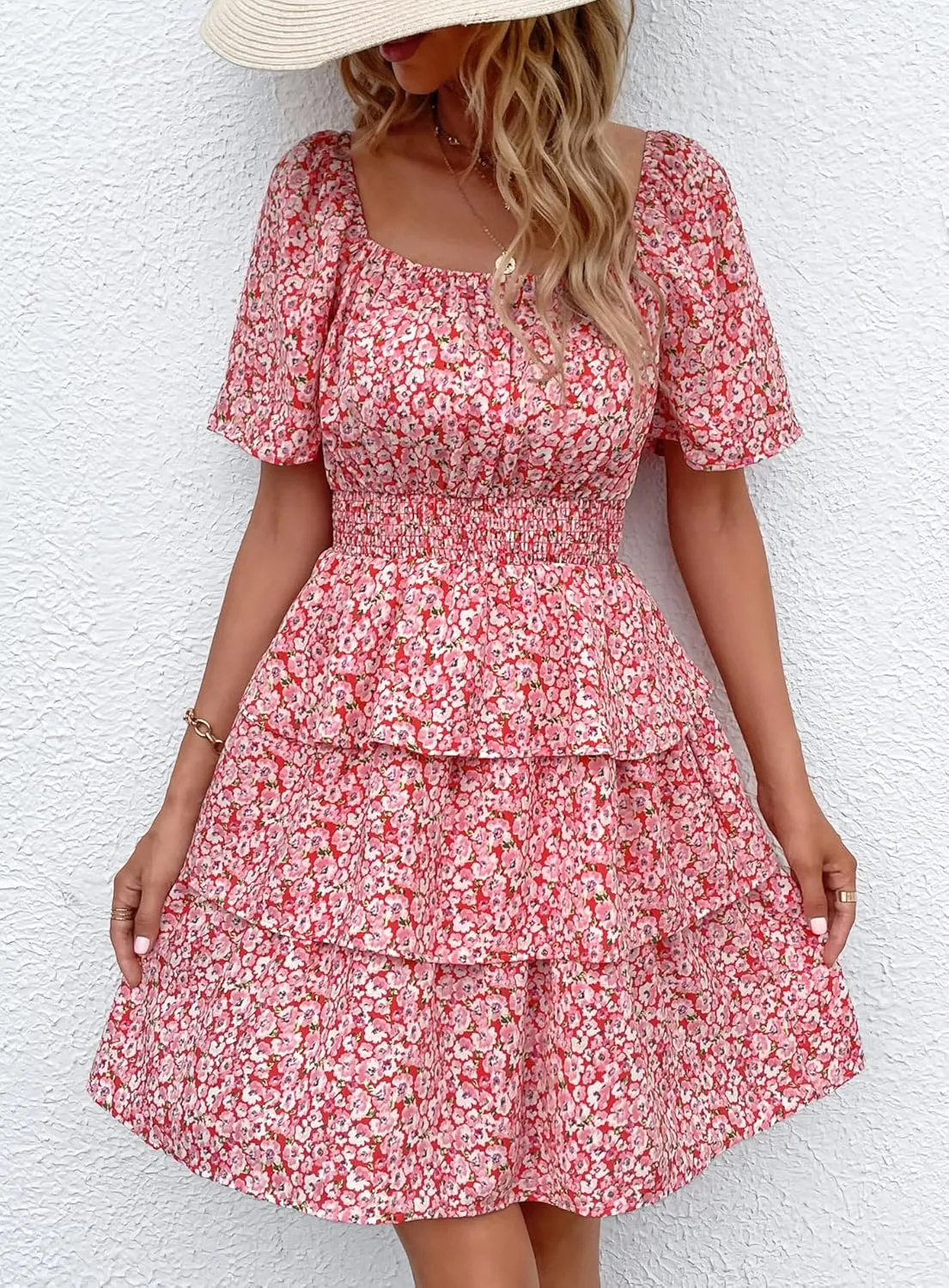 PRETTYGARDEN Women's 2025 Floral Summer Short Dress Square Neck Short Sleeve Tiered Ruffle Boho Swing Dresses