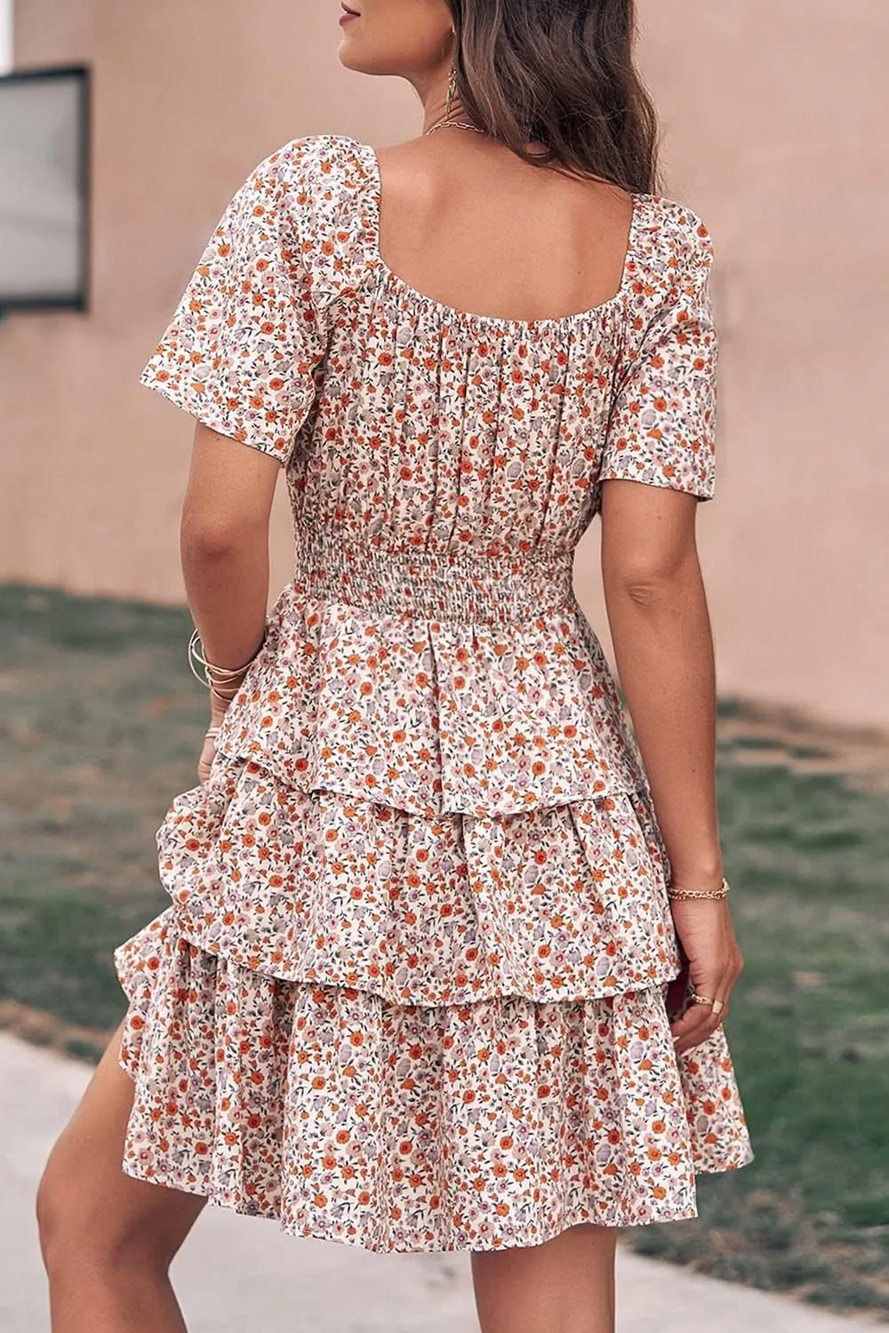 PRETTYGARDEN Women's 2025 Floral Summer Short Dress Square Neck Short Sleeve Tiered Ruffle Boho Swing Dresses