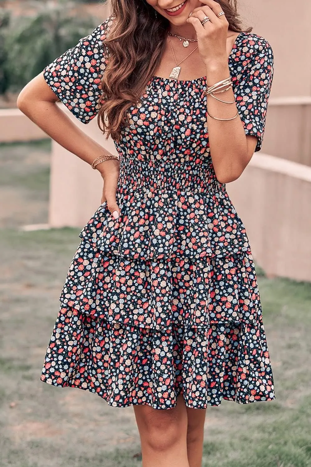 PRETTYGARDEN Women's 2025 Floral Summer Short Dress Square Neck Short Sleeve Tiered Ruffle Boho Swing Dresses