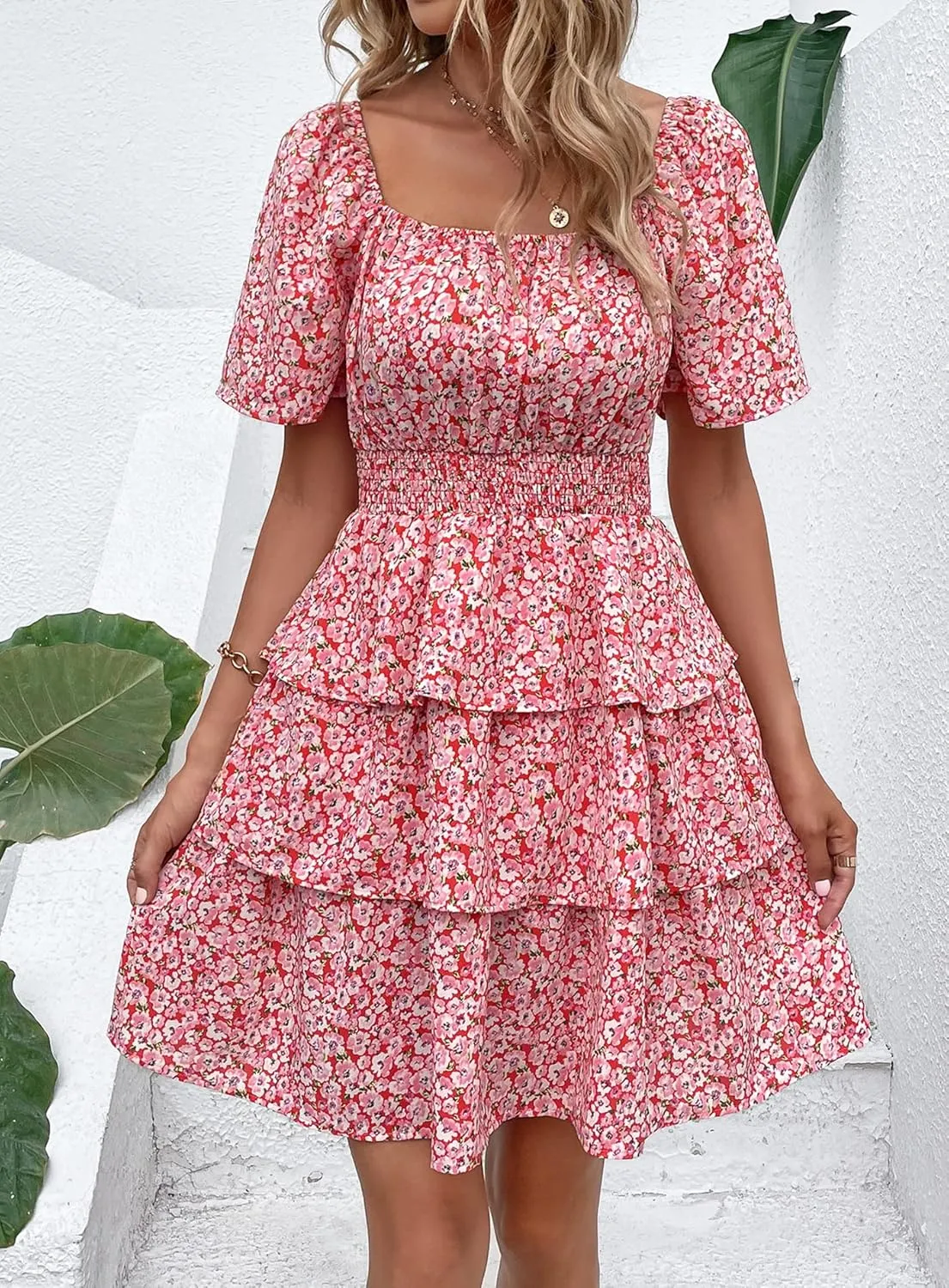 PRETTYGARDEN Women's 2025 Floral Summer Short Dress Square Neck Short Sleeve Tiered Ruffle Boho Swing Dresses