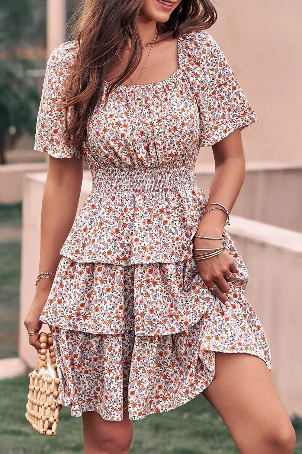 PRETTYGARDEN Women's 2025 Floral Summer Short Dress Square Neck Short Sleeve Tiered Ruffle Boho Swing Dresses