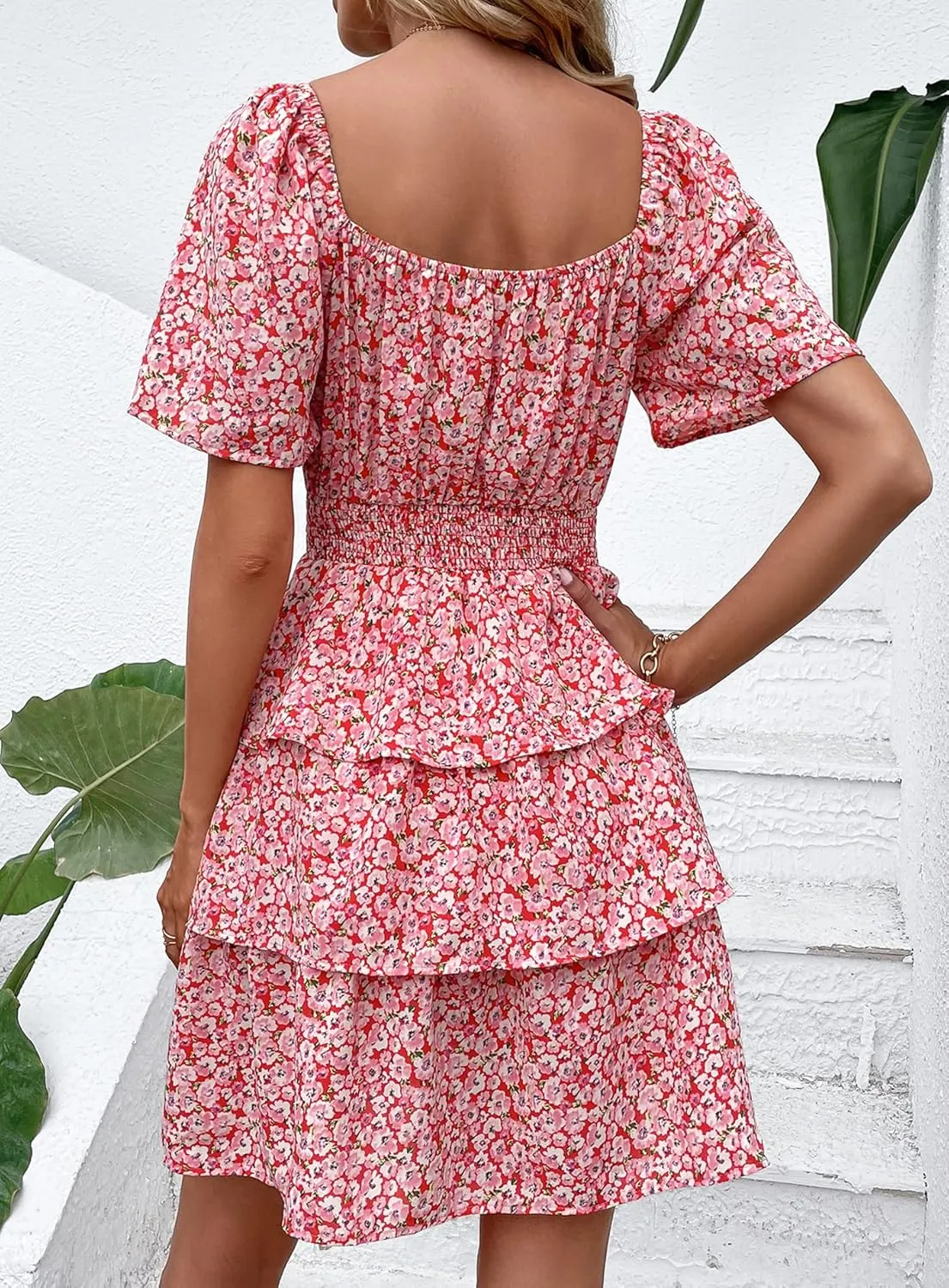 PRETTYGARDEN Women's 2025 Floral Summer Short Dress Square Neck Short Sleeve Tiered Ruffle Boho Swing Dresses