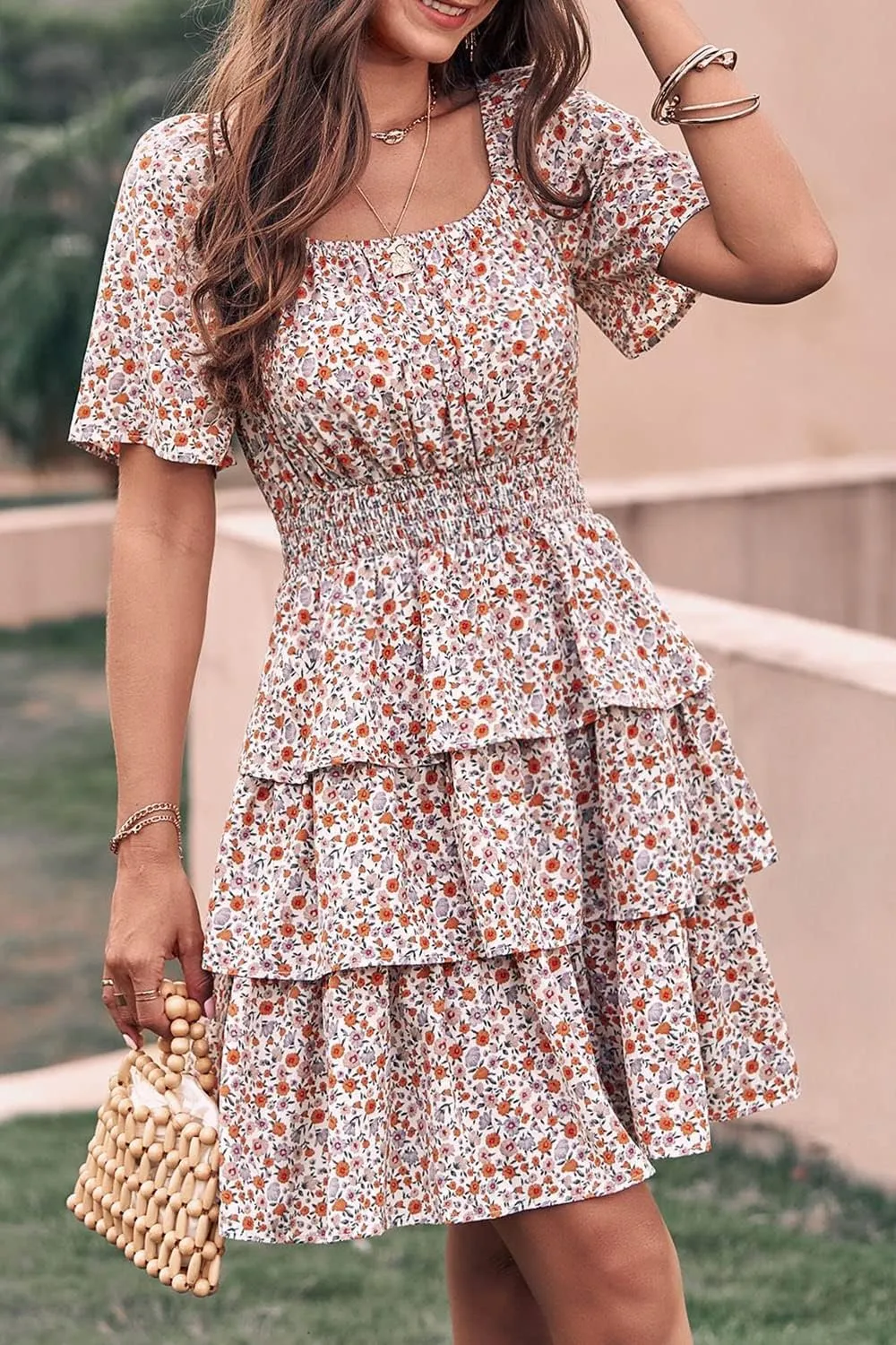 PRETTYGARDEN Women's 2025 Floral Summer Short Dress Square Neck Short Sleeve Tiered Ruffle Boho Swing Dresses
