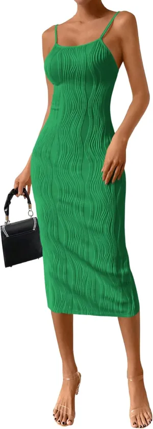 PRETTYGARDEN Women's 2025 Summer Sleeveless Bodycon Dress Textured Back Slit Sexy Cocktail Party Midi Dresses