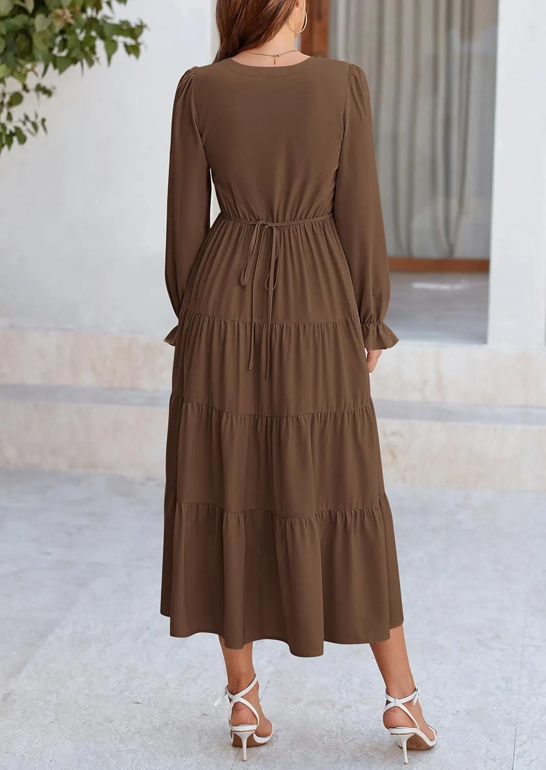 PRETTYGARDEN Women's Fall Maxi Dress Long Sleeve V Neck Tiered A Line Ruffle Elegant Flowy Spring Cocktail Party Dresses