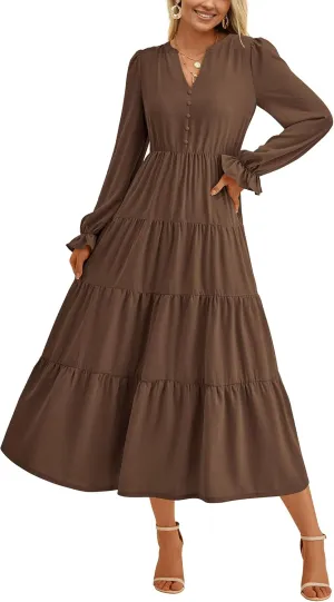 PRETTYGARDEN Women's Fall Maxi Dress Long Sleeve V Neck Tiered A Line Ruffle Elegant Flowy Spring Cocktail Party Dresses
