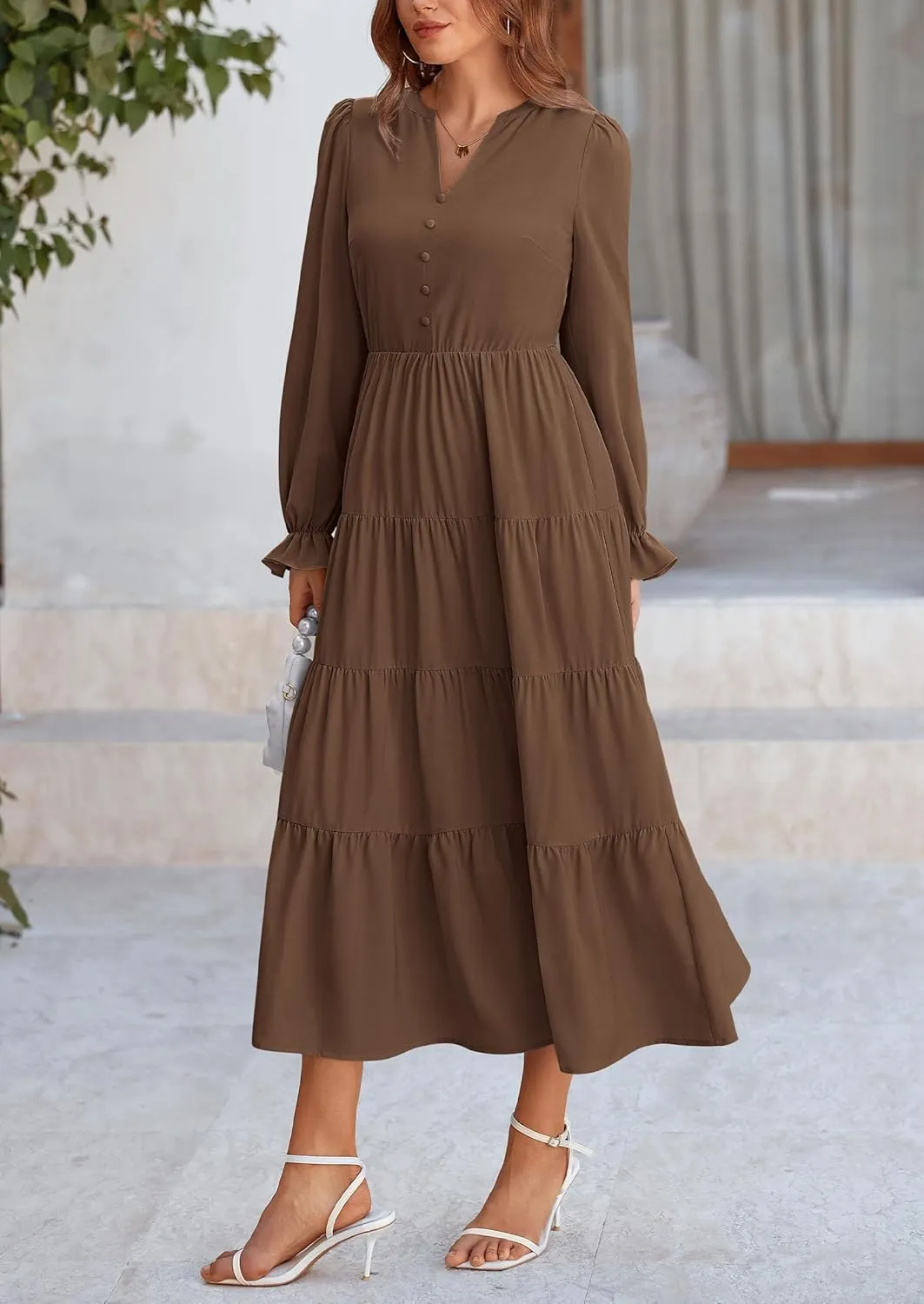 PRETTYGARDEN Women's Fall Maxi Dress Long Sleeve V Neck Tiered A Line Ruffle Elegant Flowy Spring Cocktail Party Dresses