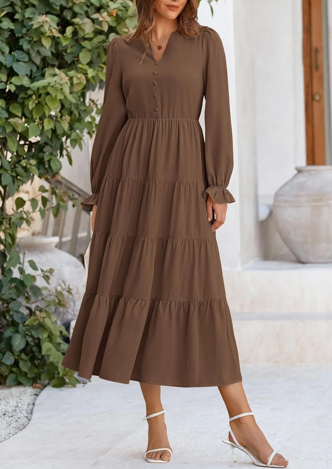 PRETTYGARDEN Women's Fall Maxi Dress Long Sleeve V Neck Tiered A Line Ruffle Elegant Flowy Spring Cocktail Party Dresses