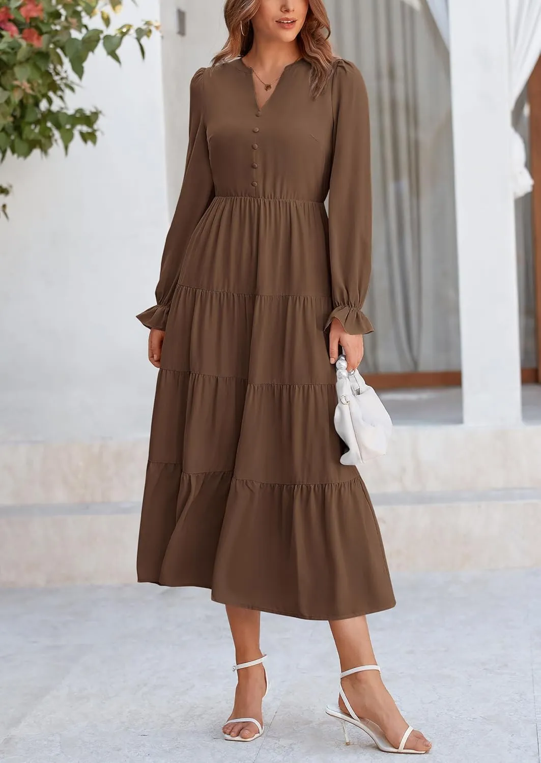 PRETTYGARDEN Women's Fall Maxi Dress Long Sleeve V Neck Tiered A Line Ruffle Elegant Flowy Spring Cocktail Party Dresses