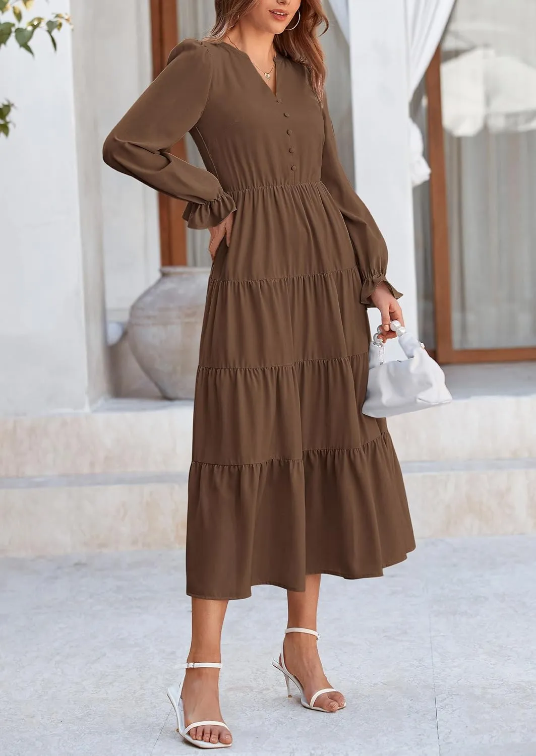 PRETTYGARDEN Women's Fall Maxi Dress Long Sleeve V Neck Tiered A Line Ruffle Elegant Flowy Spring Cocktail Party Dresses