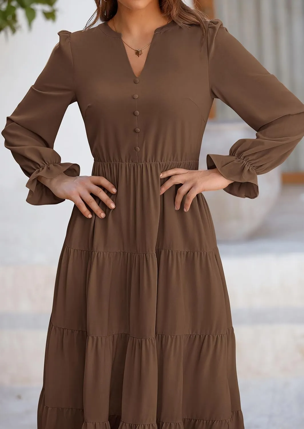 PRETTYGARDEN Women's Fall Maxi Dress Long Sleeve V Neck Tiered A Line Ruffle Elegant Flowy Spring Cocktail Party Dresses