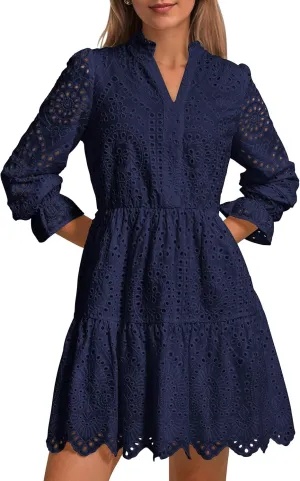 PRETTYGARDEN Women's Spring 2025 Long Puff Sleeve Mini Dress Hollow Out Lace V Neck A Line Ruffle Casual Party Dresses