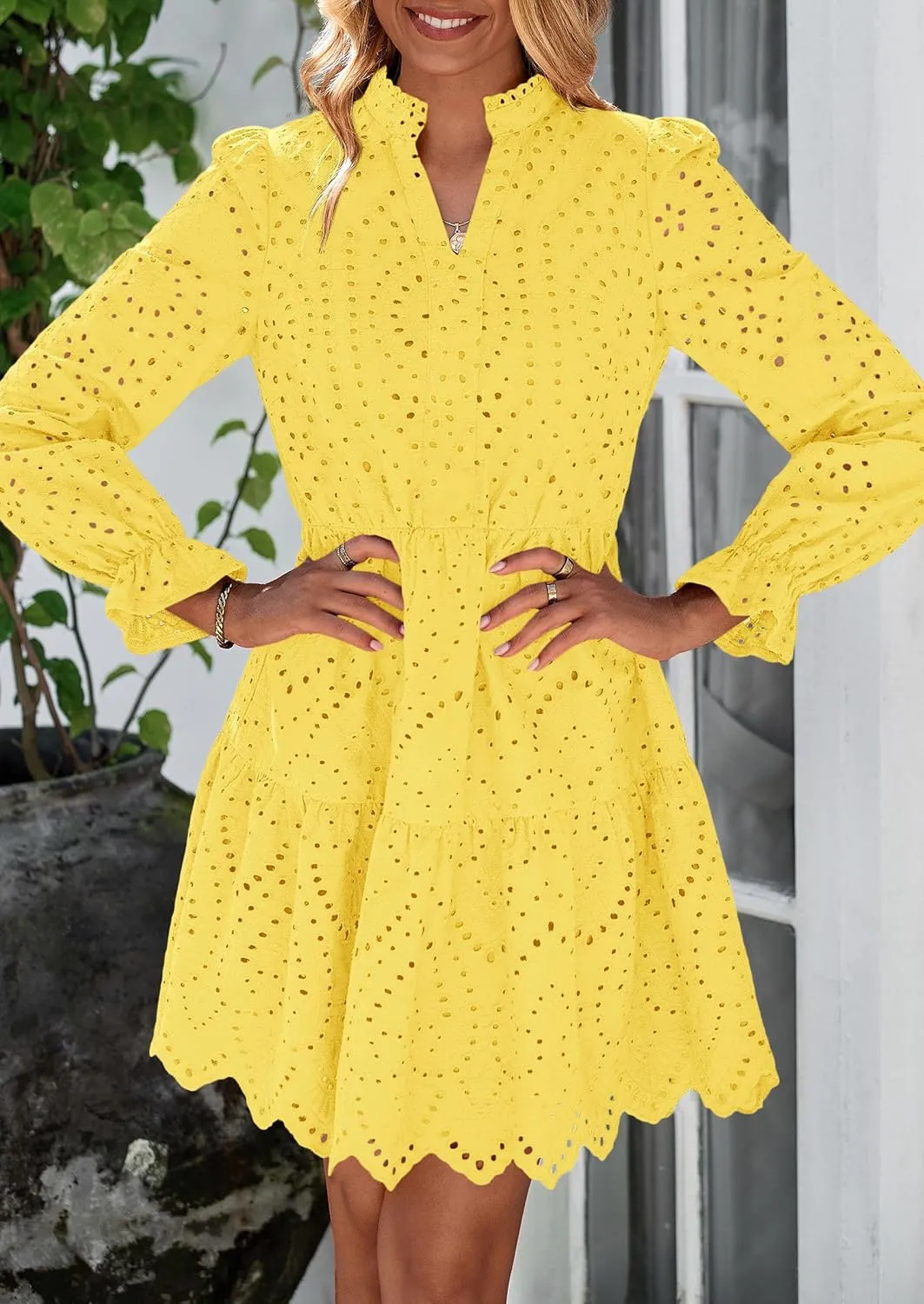 PRETTYGARDEN Women's Spring 2025 Long Puff Sleeve Mini Dress Hollow Out Lace V Neck A Line Ruffle Casual Party Dresses