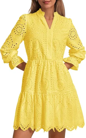 PRETTYGARDEN Women's Spring 2025 Long Puff Sleeve Mini Dress Hollow Out Lace V Neck A Line Ruffle Casual Party Dresses