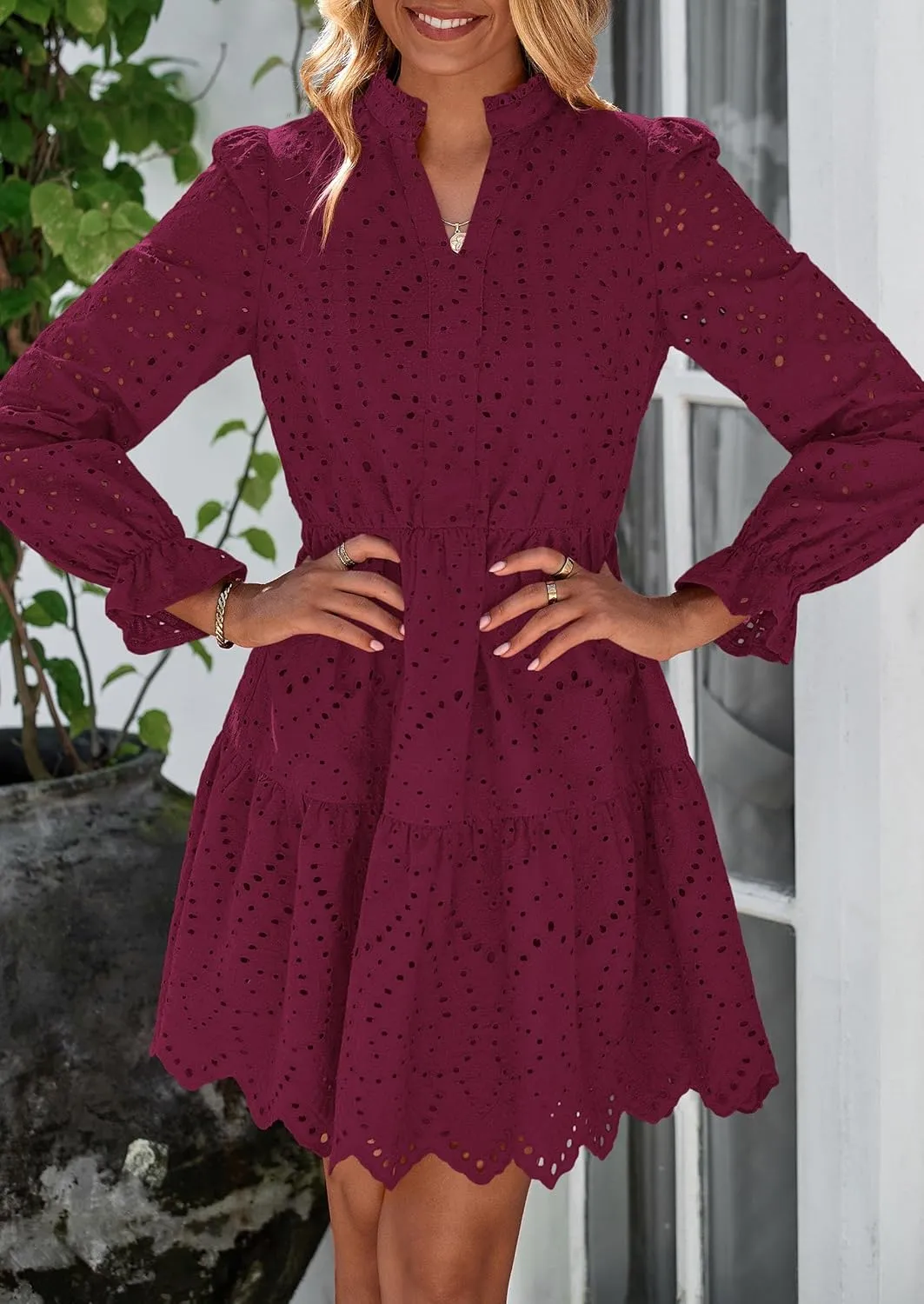 PRETTYGARDEN Women's Spring 2025 Long Puff Sleeve Mini Dress Hollow Out Lace V Neck A Line Ruffle Casual Party Dresses