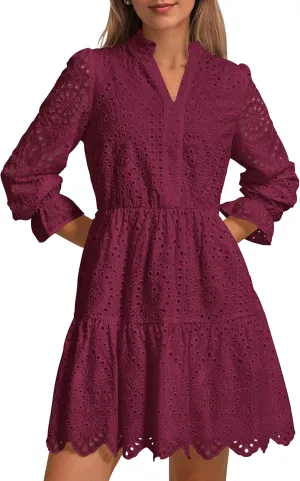 PRETTYGARDEN Women's Spring 2025 Long Puff Sleeve Mini Dress Hollow Out Lace V Neck A Line Ruffle Casual Party Dresses