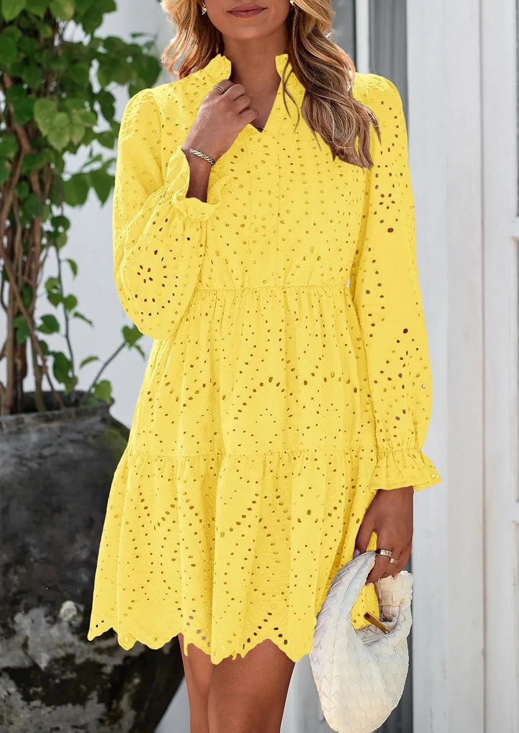 PRETTYGARDEN Women's Spring 2025 Long Puff Sleeve Mini Dress Hollow Out Lace V Neck A Line Ruffle Casual Party Dresses