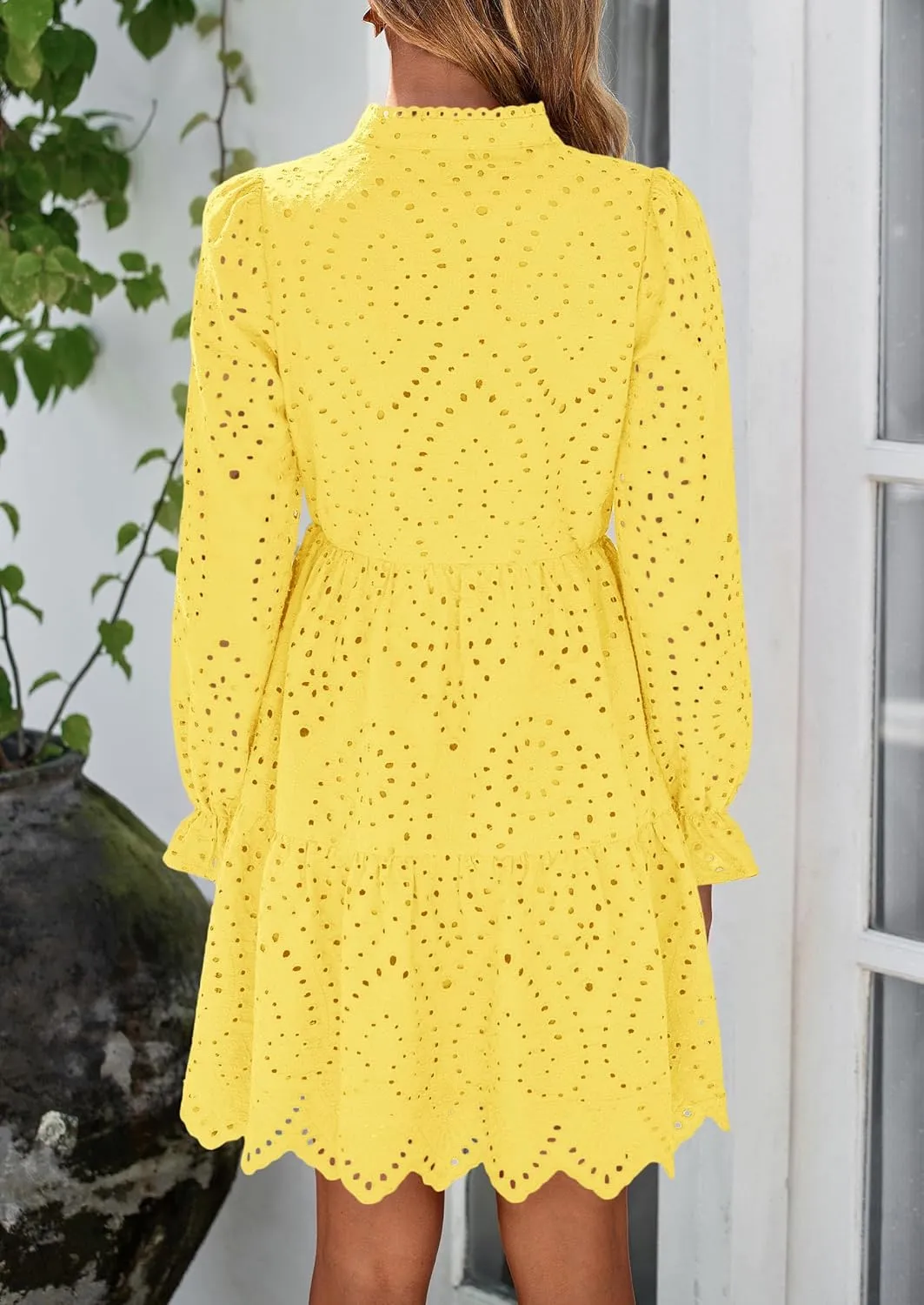 PRETTYGARDEN Women's Spring 2025 Long Puff Sleeve Mini Dress Hollow Out Lace V Neck A Line Ruffle Casual Party Dresses
