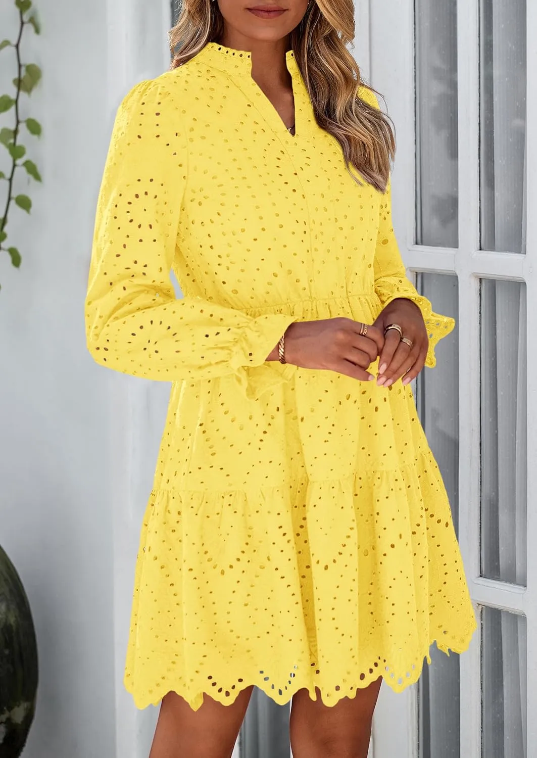 PRETTYGARDEN Women's Spring 2025 Long Puff Sleeve Mini Dress Hollow Out Lace V Neck A Line Ruffle Casual Party Dresses