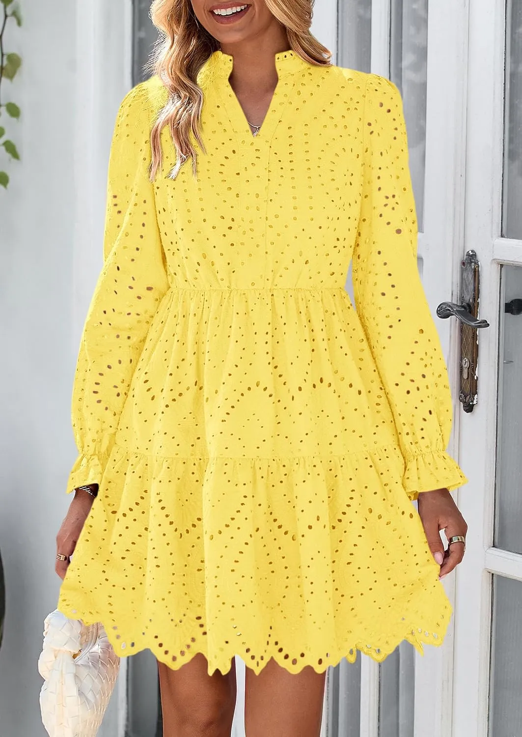 PRETTYGARDEN Women's Spring 2025 Long Puff Sleeve Mini Dress Hollow Out Lace V Neck A Line Ruffle Casual Party Dresses