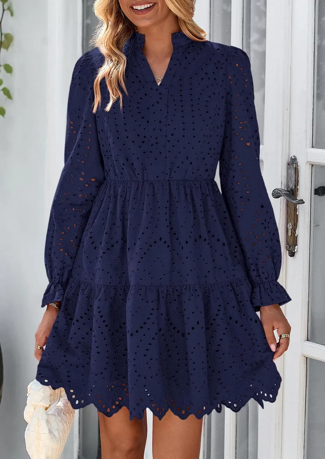 PRETTYGARDEN Women's Spring 2025 Long Puff Sleeve Mini Dress Hollow Out Lace V Neck A Line Ruffle Casual Party Dresses