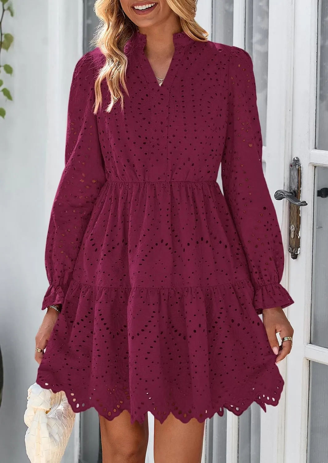 PRETTYGARDEN Women's Spring 2025 Long Puff Sleeve Mini Dress Hollow Out Lace V Neck A Line Ruffle Casual Party Dresses