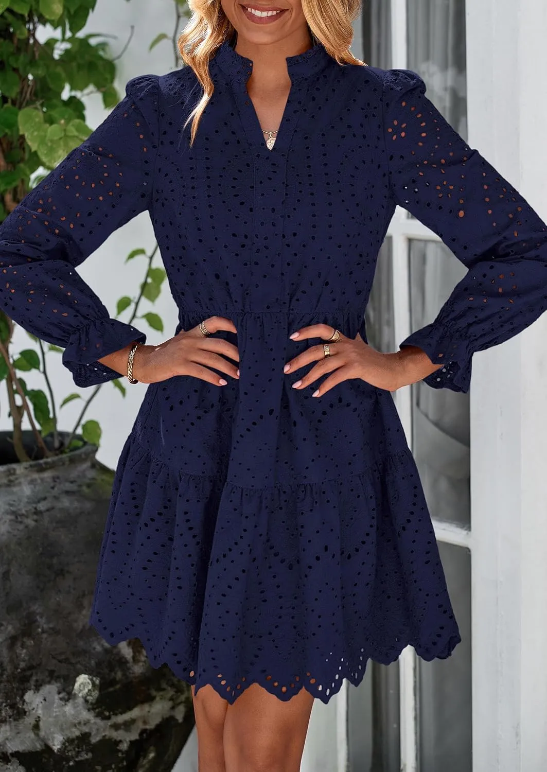 PRETTYGARDEN Women's Spring 2025 Long Puff Sleeve Mini Dress Hollow Out Lace V Neck A Line Ruffle Casual Party Dresses