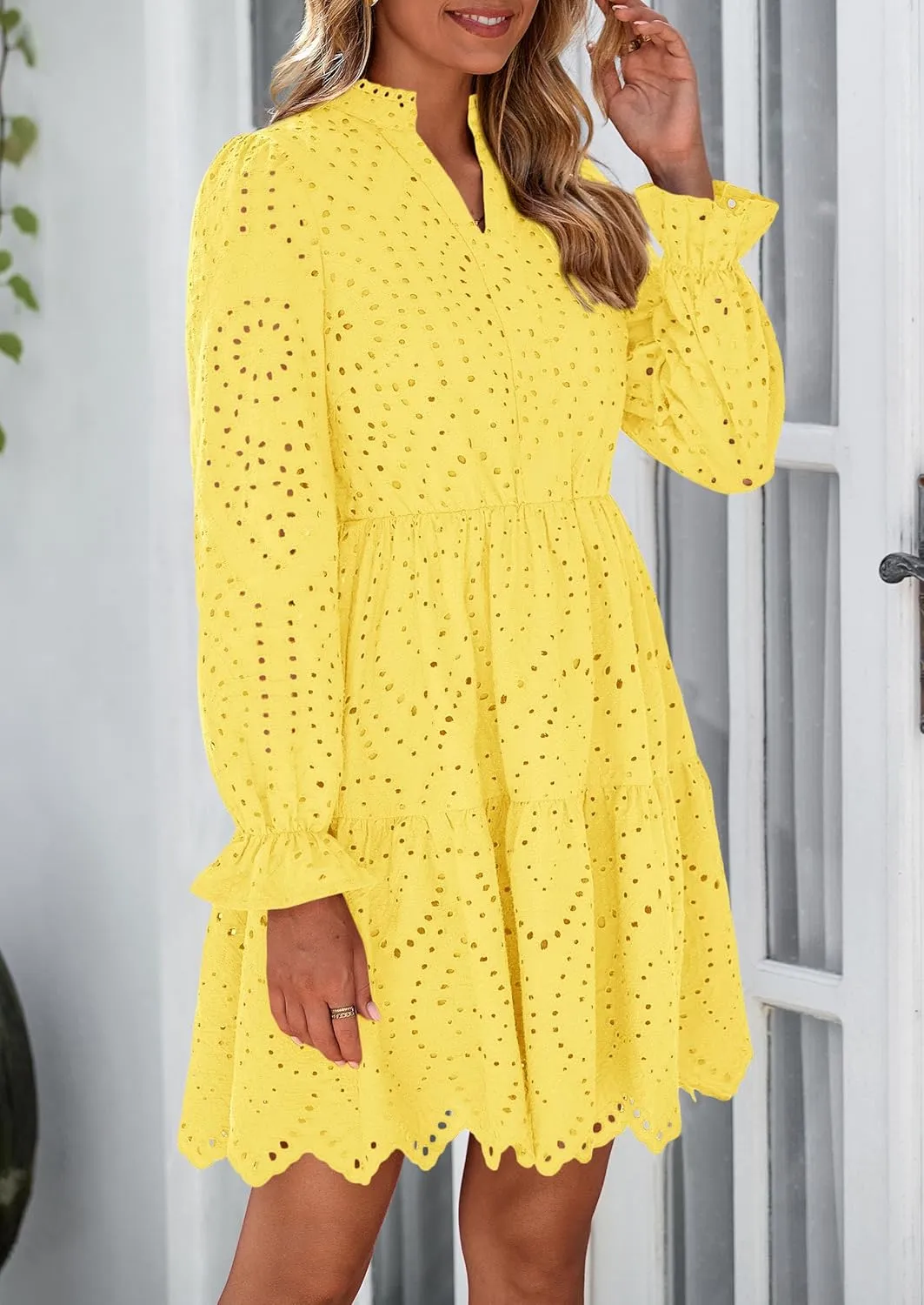 PRETTYGARDEN Women's Spring 2025 Long Puff Sleeve Mini Dress Hollow Out Lace V Neck A Line Ruffle Casual Party Dresses