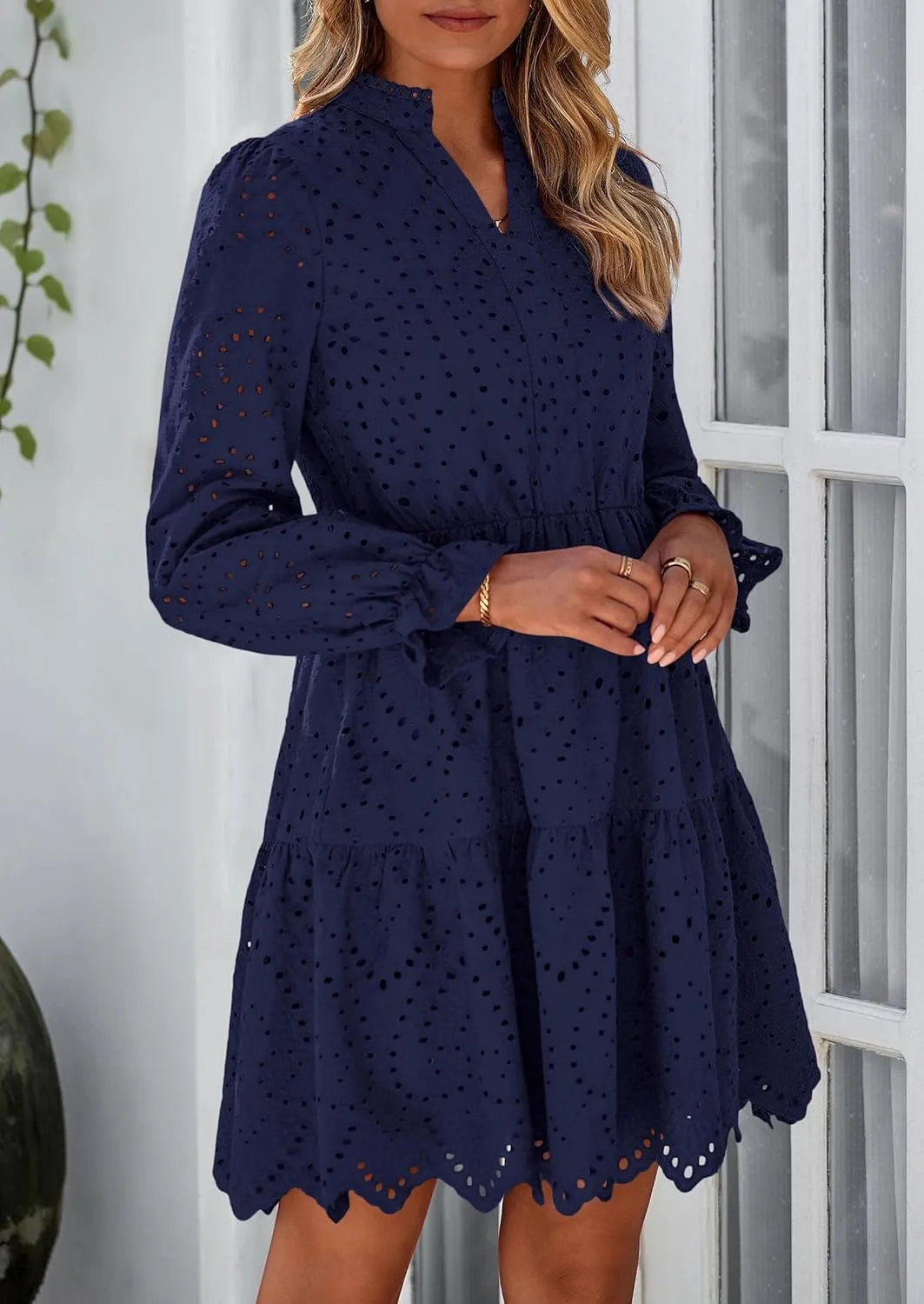 PRETTYGARDEN Women's Spring 2025 Long Puff Sleeve Mini Dress Hollow Out Lace V Neck A Line Ruffle Casual Party Dresses