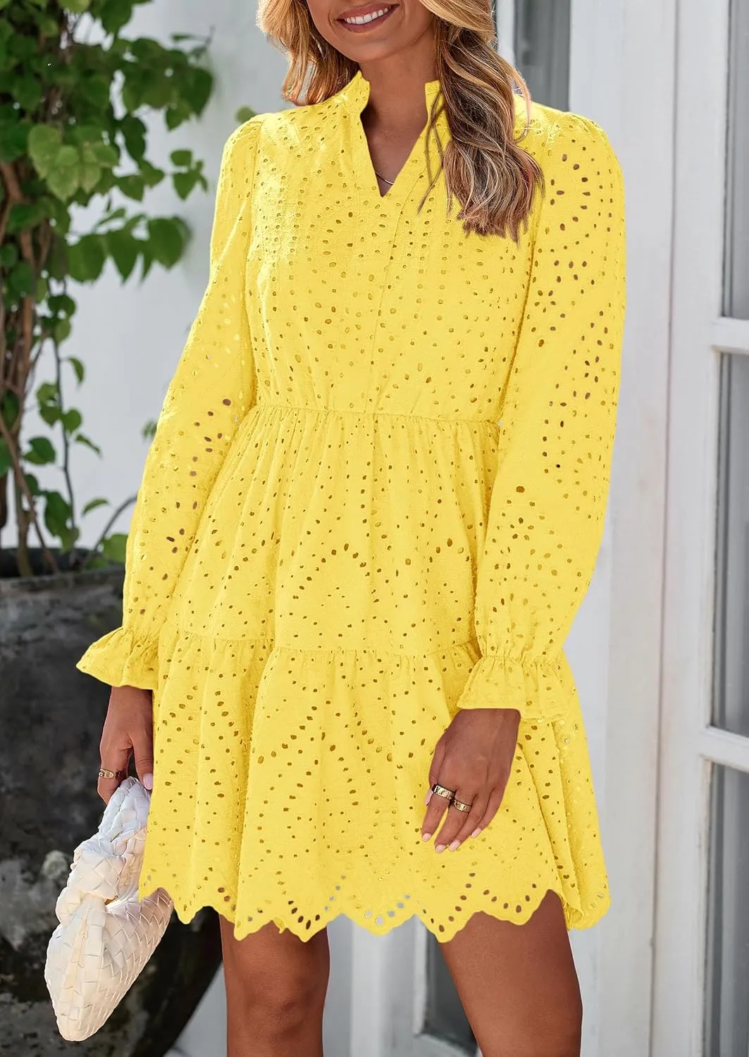 PRETTYGARDEN Women's Spring 2025 Long Puff Sleeve Mini Dress Hollow Out Lace V Neck A Line Ruffle Casual Party Dresses