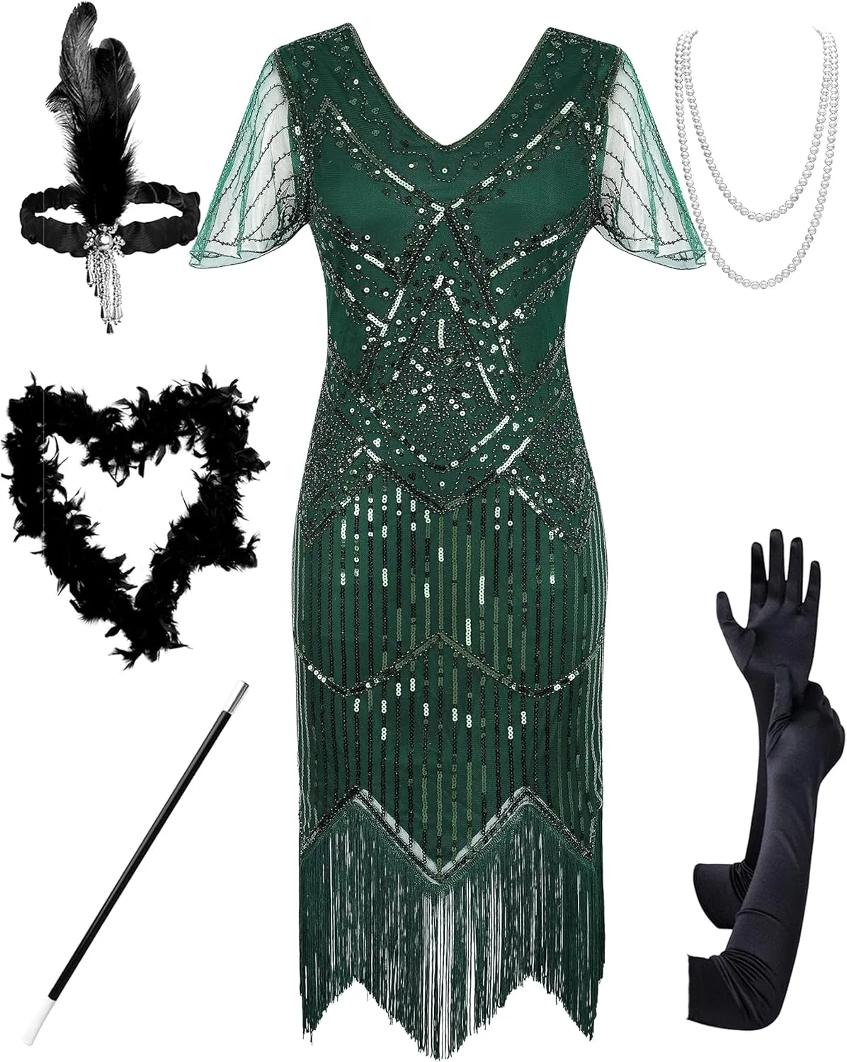 PrettyGuide Women's 1920s Flapper Dress Short Sleeve Glitter Sequin Inspired Fringed Party Cocktail Dresses