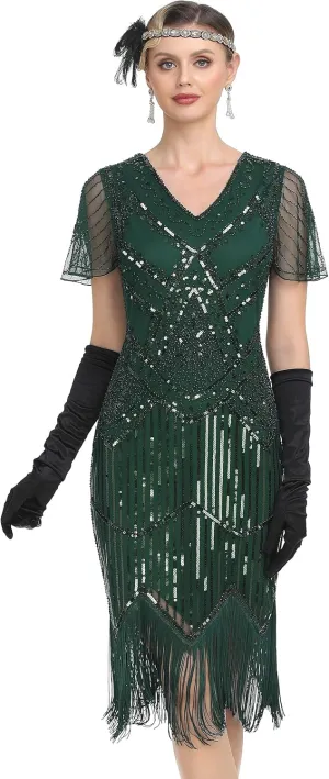 PrettyGuide Women's 1920s Flapper Dress Short Sleeve Glitter Sequin Inspired Fringed Party Cocktail Dresses