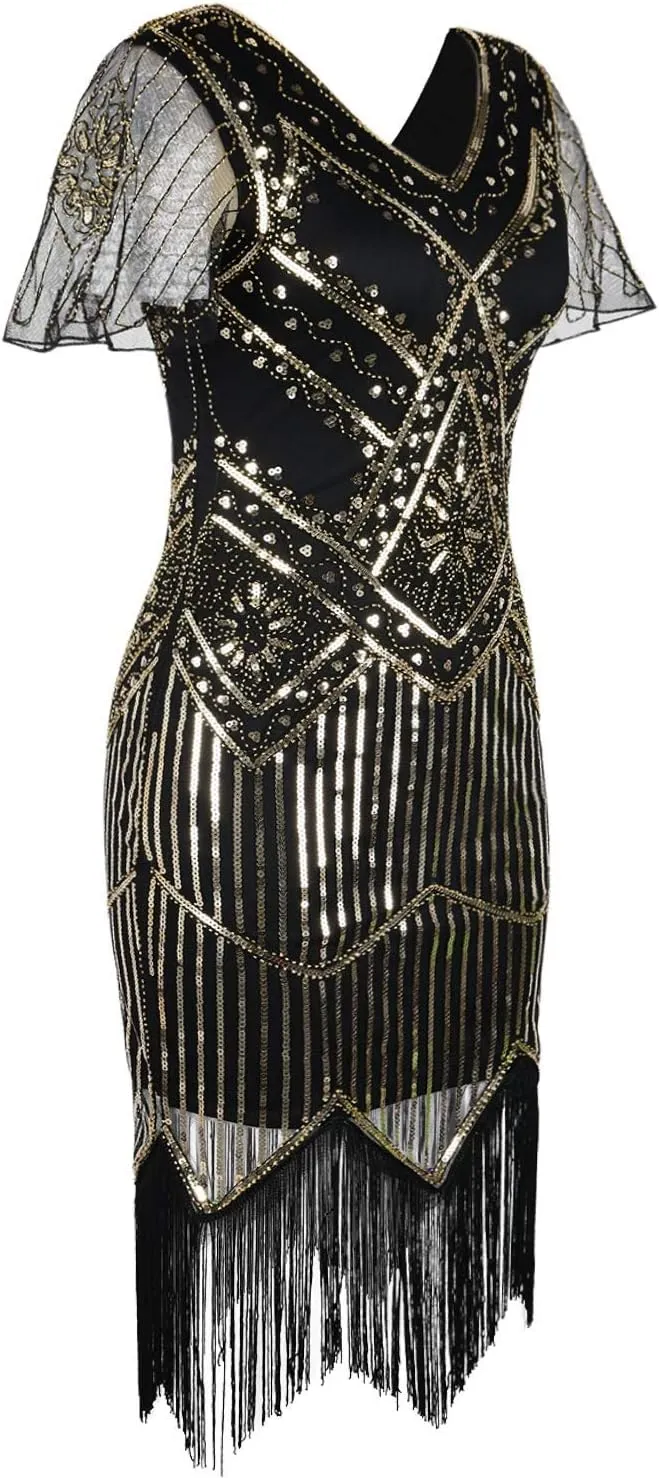 PrettyGuide Women's 1920s Flapper Dress Short Sleeve Glitter Sequin Inspired Fringed Party Cocktail Dresses