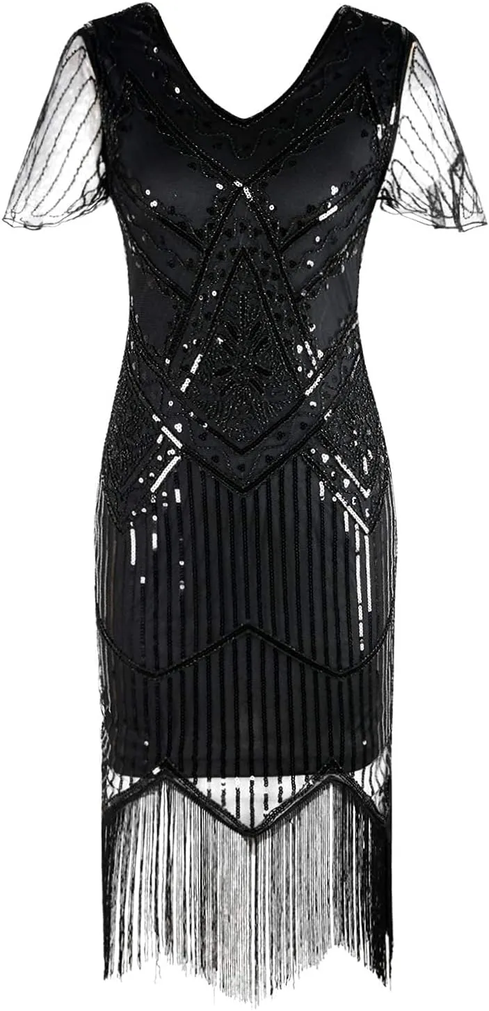 PrettyGuide Women's 1920s Flapper Dress Short Sleeve Glitter Sequin Inspired Fringed Party Cocktail Dresses