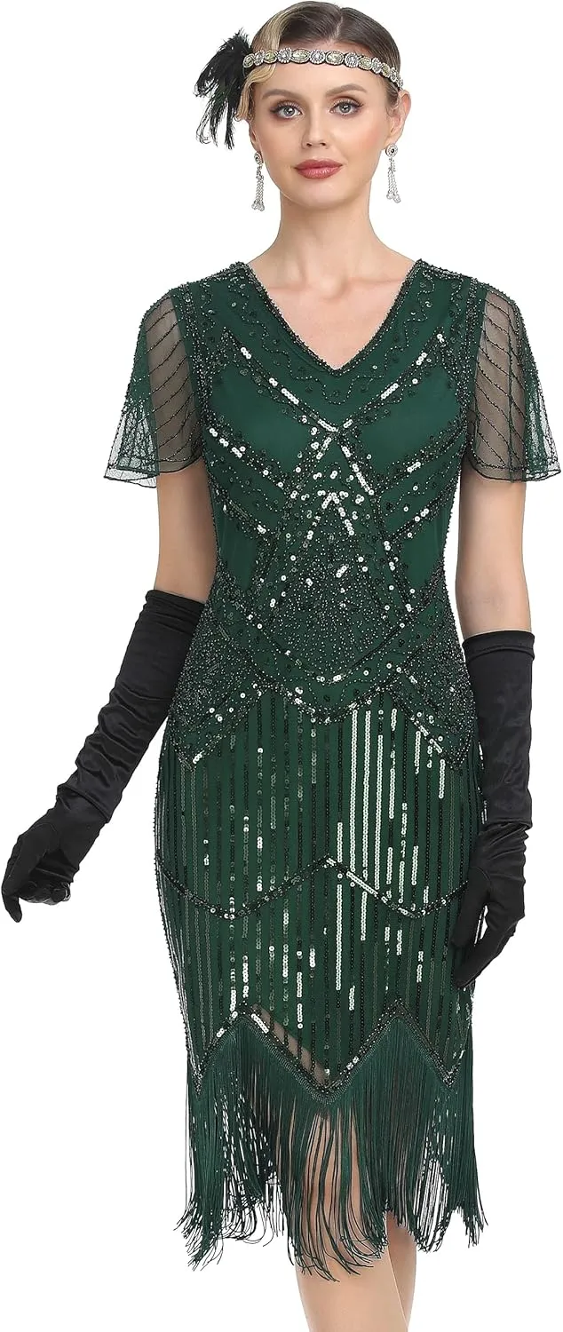 PrettyGuide Women's 1920s Flapper Dress Short Sleeve Glitter Sequin Inspired Fringed Party Cocktail Dresses